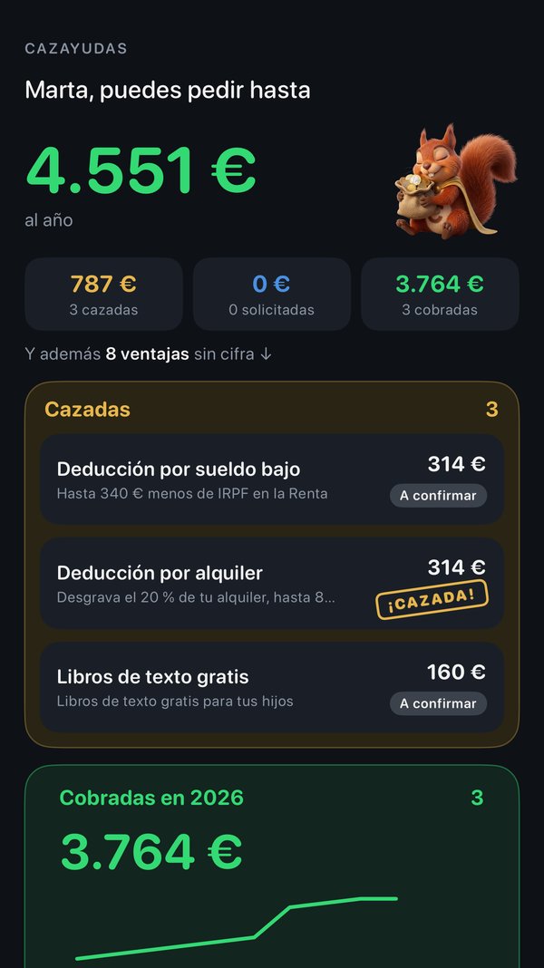Pantalla principal de Cazayudas: Marta, puedes pedir hasta 4.551 euros al año, con sus ayudas cazadas y lo cobrado en 2026